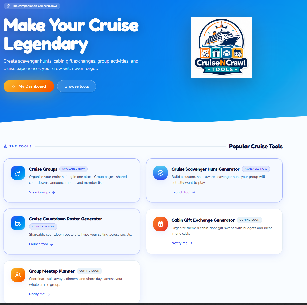 CruiseNCrawl Tools dashboard